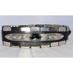 80s Chad Calvin Silver tone Studded Filigree & Black Rhinestone Leather Belt